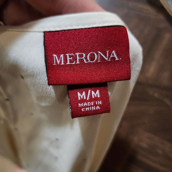 Merona Womens Pullover Blouse Size M Ivory Black Sequined Keyhole Lined Top - Picture 5 of 9